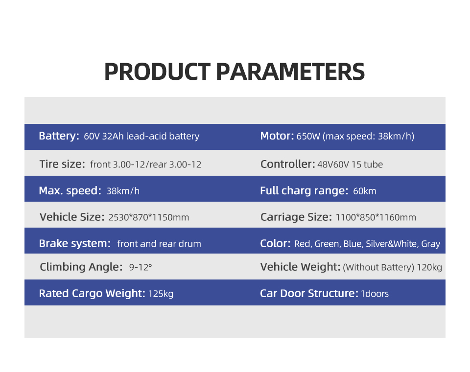 WB1185 650W 60V 32Ah 38Km/H Lead Acid Battery Electric Tricycle